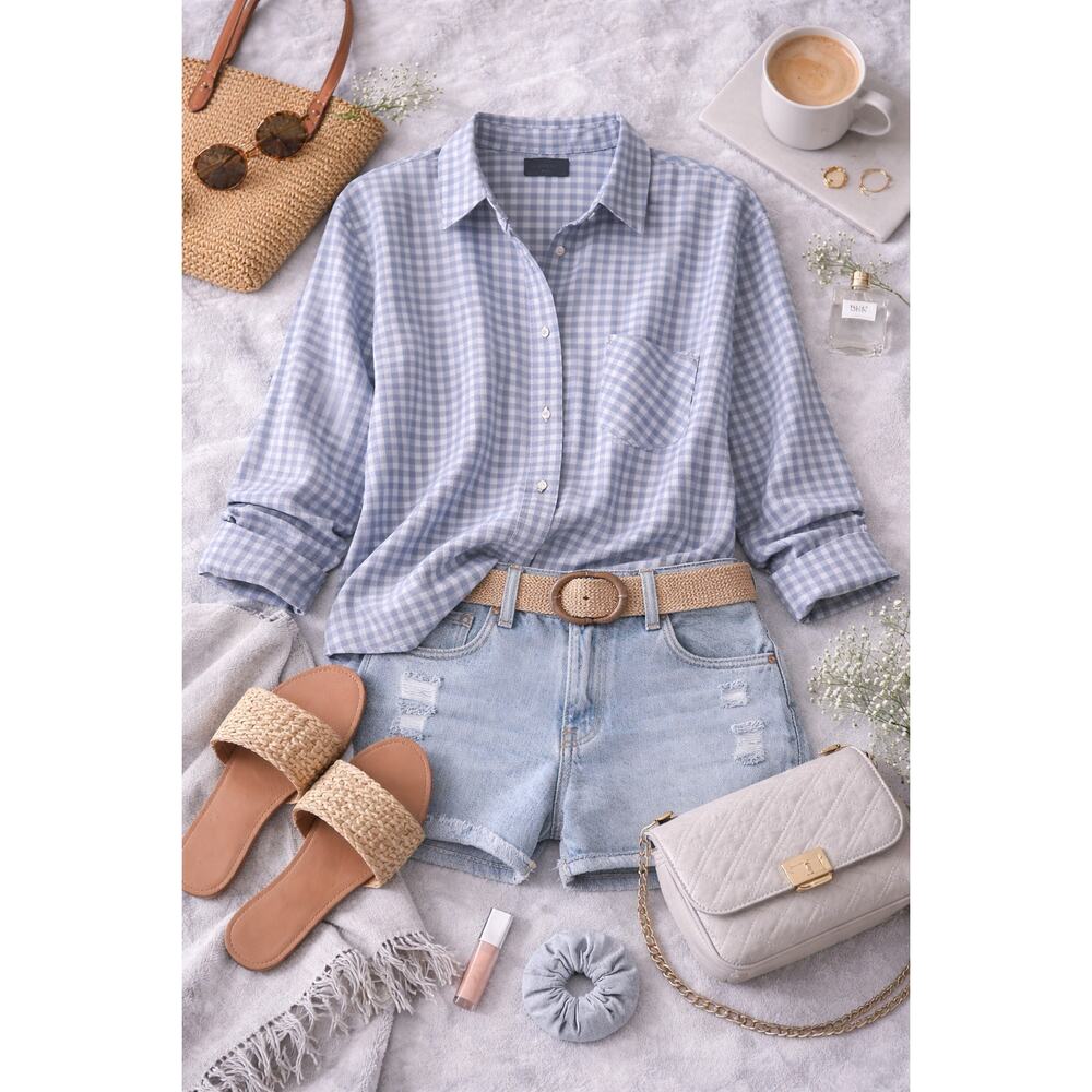 NWT Untuckit Women's Gingham Plaid Button Crispo Shirt Long Sleeve Blue Size 14